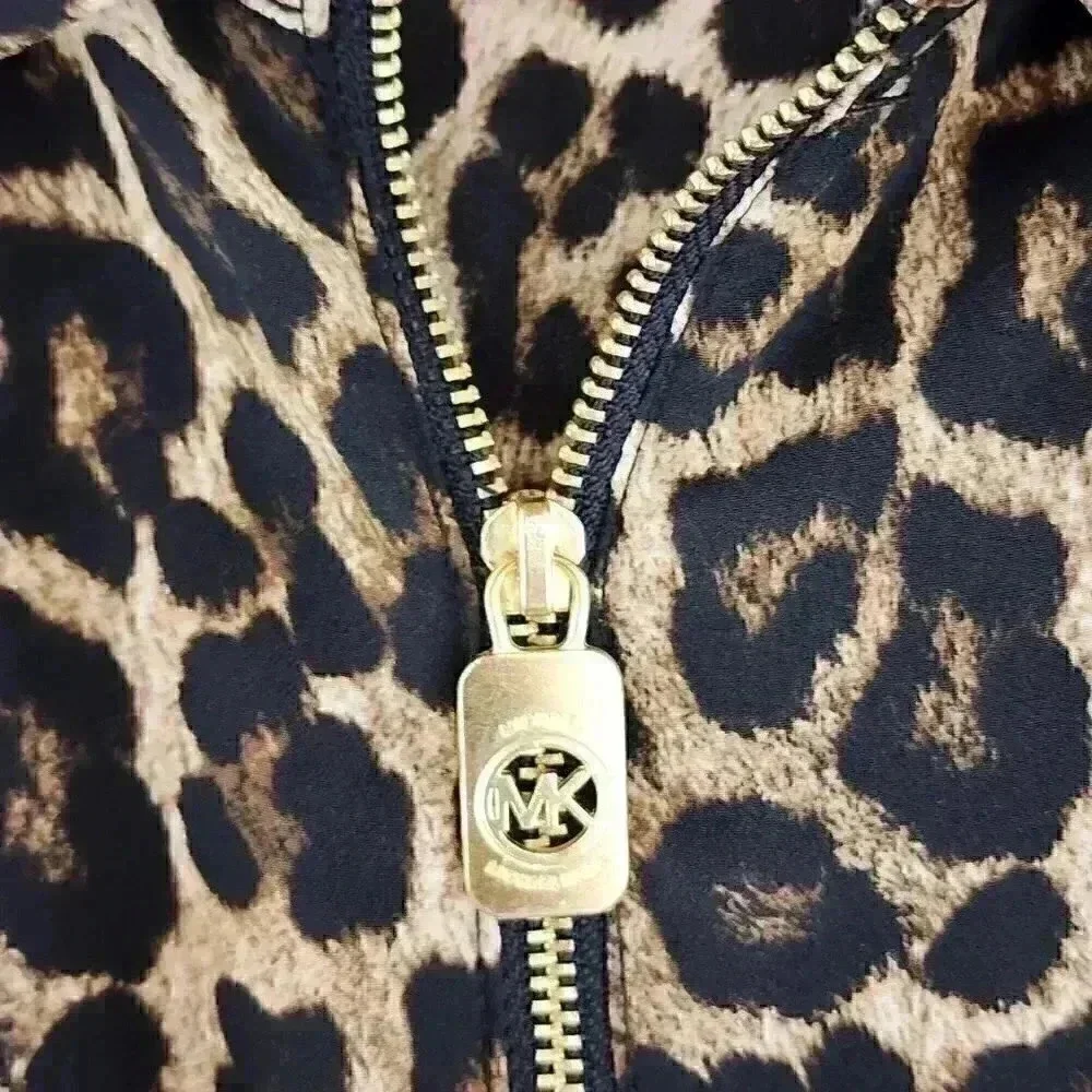 Michael Kors Full Zip Collar Leopard Long Tab Sleeve Chiffon Blouse M